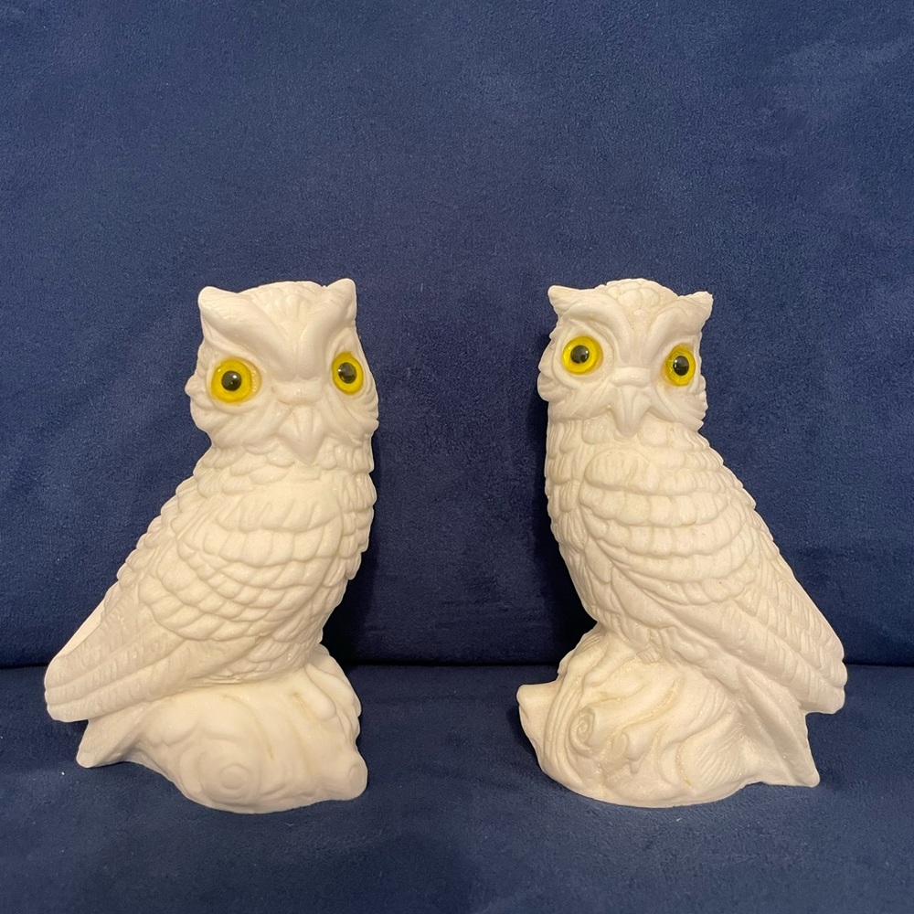 Vintage White Alabaster Salt Carved Horned Owls with Yellow Eyes From Italy